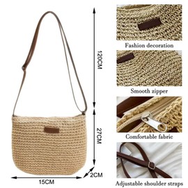 MLPKOI Straw Bag for Women, Summer Beach Crossbody Bag Handmade Rattan Shoulder Bags with Zipper and Adjustable Strap, for Holiday Beach Travel Beige