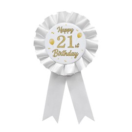 YHEZXUN Happy 21st Birthday Tinplate Badge Pin White Satin Fabric 21st Birthday Themed Button Pin Party Decorations Award Ribbon Badge Pin