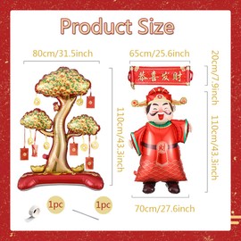 2Pcs Chinese New Year Decorations- 2026 Chinese New Year Balloons, Gold Money Tree with Red Envelopes and God of Wealth Foil Balloons for 2026 New Year Spring Festival Party Decorations