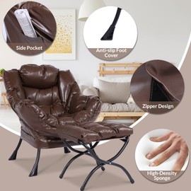 MEETWARM Modern Faux Leather Lazy Chair with Ottoman, Accent Contemporary Lounge Chair, Upholstered Single Leisure Sofa Chair with a Side Pocket, Armrests and Thick Padded Back for Living Room(Brown)