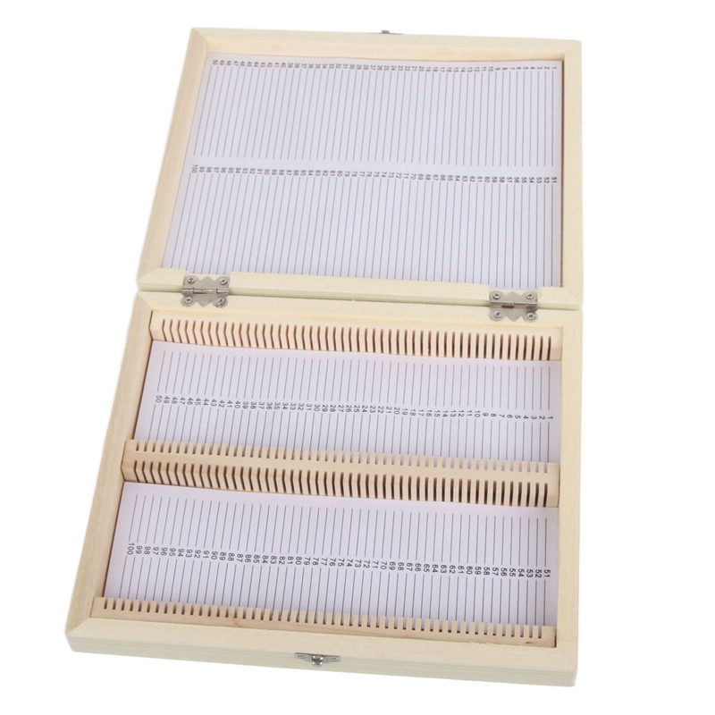 100PCS Biology Glass Prepared Microscope Slides Specimens Wooden Slide Storage