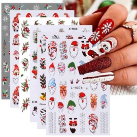 Christmas Nail Stickers Cartoon Elk Christmas Light Ball Snowman Leaves Flowers Nail Decals 3D Self-Adhesive Winter Snowflake Santa Claus Cute Nail Design Glitter Xmas Nail Decoration Supplies 6Pcs