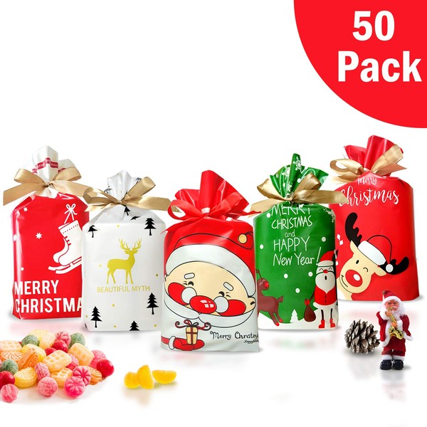 50 Pcs Christmas candy bag Christmas treat bags Candy Goodies Plastic Drawstring Gift Bags Merry Christmas Treat Bags for Birthday Party Snack Wrapping Wedding Gift Party Favor Merry X-mas