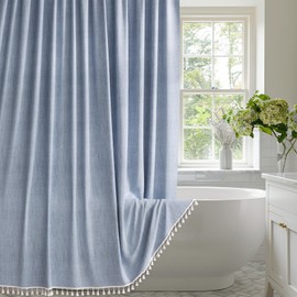 AmazerBath Blue Boho Shower Curtain with Tassels, Farmhouse Shower Curtains for Bathroom, Faux Linen Shower Curtain with Hooks, Fabric Shower Curtain Rustic, Vintage Shower Curtain Set, 72x72 Inches