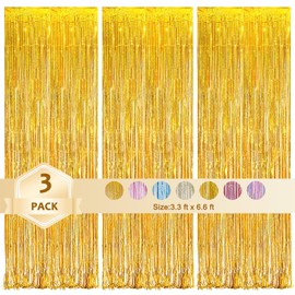 SHXIGOMA 3 Pack 3.3x6.6 Foil Curtain Backdrop, Metallic Tinsel Foil Fringe Curtains for Birthday Wedding Baby Shower Party Christmas Decoration Graduation Singles Holiday Theme (Laser Yellow)