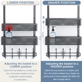 Aimeaihe Adjustable Over The Door Hooks Organizer, Door Hanger Coat Rack with 2 Mesh Baskets and 10 Hooks, Back of Door Storage Organizer for Bedroom,Bathroom,Kitchen (Black)