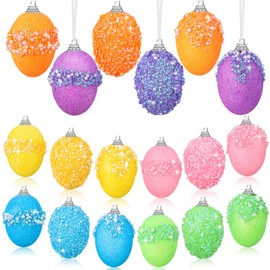Lineshading 18 Pcs Easter Glitter Hanging Eggs for Tree Multicolor Pearl Sequin Easter Egg Easter Foam Hanging Ornament for Easter Home Tree DIY Craft Party Holiday Decoration (Bright Color)