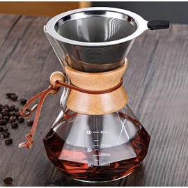 COFISUKI Pour Over Coffee Maker with Reusable Stainless Steel Drip Filter, Lead-Free Borosilicate Glass Coffee Carafe with Modern Wooden Collar for 1-4Cup, Diamond Clear (600ml/20oz)