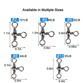 AKOSU 120pcs Fihshing Accessories Three Way Swivels Cross Line Barrel Stainless Steel Swivel Saltwater T-Turn Fishing Line Connector #2, 4, 6, 8, 10