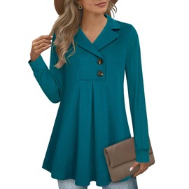 GUUKA Ladies Casual Long Sleeve V Neck Swing Tunic Tops Loose Pleated Pullover Sweatshirt Longline Autumn Jumpers Sweater For Women UK(Dark Cyan,L)