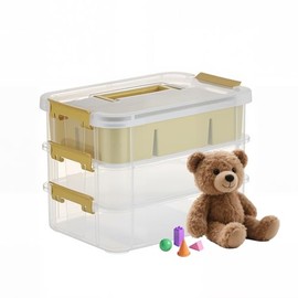 UNGFEI 3 Layer Plastic Storage Container with Lid, Multipurpose Plastic Stackable Storage Box for Organizing Art Craft, Sewing, Nail Supplies, Makeup, Building Blocks, 26.5 x 18 x 19.5cm