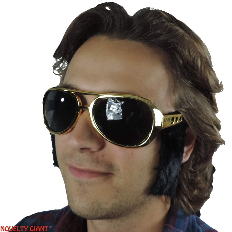 Gold Frame Classic Elvis Costume Sunglasses w/Sideburns