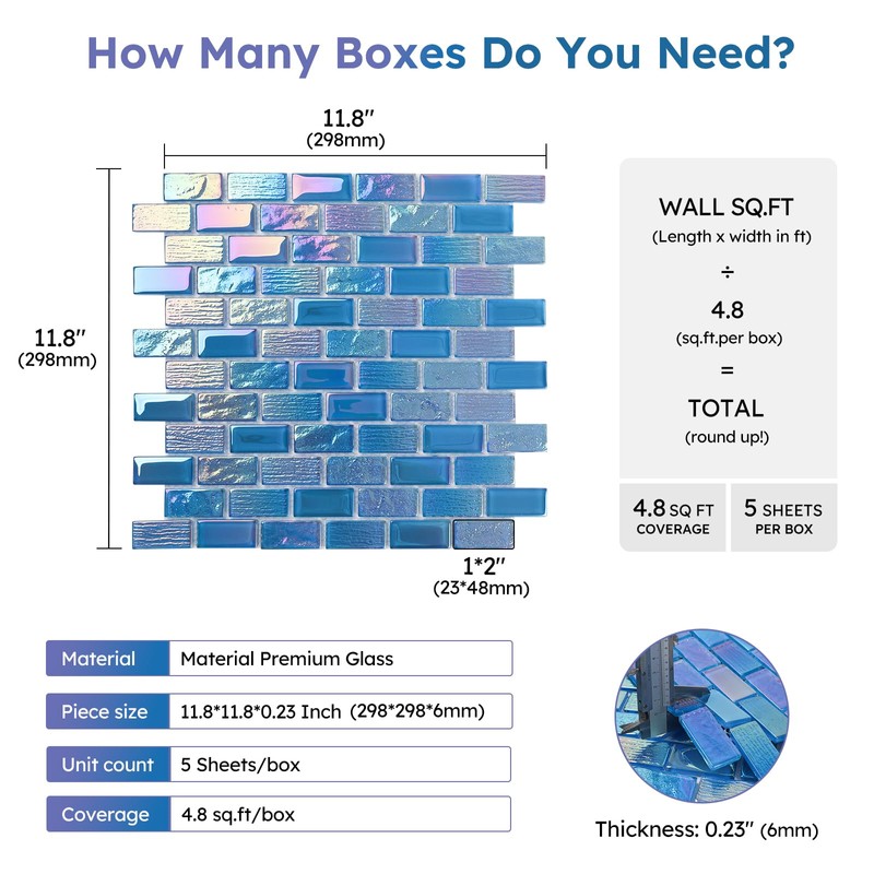 Diflart Glass Mosaic Tiles, Iridescent Blue, 1x2 Inch Brick, Glass