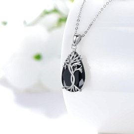 Hancock - Collar de plata de ley con árbol de la vida, diseño de árbol de la vida, diseño de turmalina, color negro, árbol de la vida, regalo de cumpleaños para mujeres, Plata esterlina, Turmalina