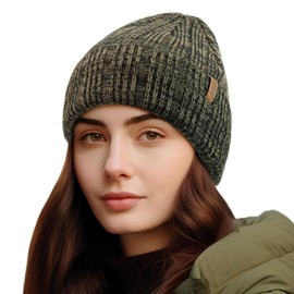 OUTDOOR SHAPING Fleece Lined Knit Cuffed Beanie Winter Hats for Women Men Soft Ski Skull Cap Olive/Black