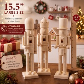 Pinkunn 15.5 Inch Large Unfinished Wood Nutcracker Set of 3- Paintable Christmas Soldier King Drummer Figurines, Blank Nutcracker Ornament Puppet Statue for DIY Craft Home Decoration Holiday Gift