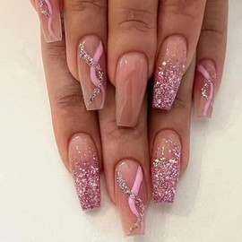 Pink Press on Nails Medium Ballerina Fake Nails Glitter Gradient Pink Swirl Design False Nails with Glue on Nails Artificial Acrylic Nails Bling Square Stick on Nails for Women Girls