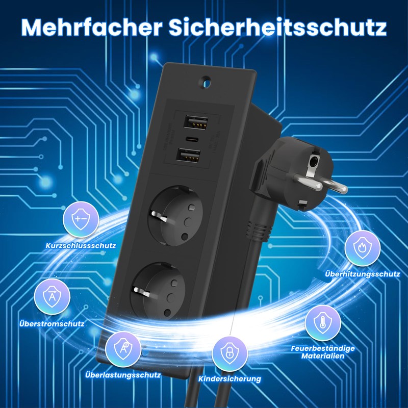 JACEPFY Retractable Socket 2-Way Built-in Socket with 2 USB A