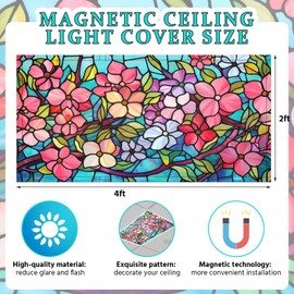 Glooglitter 4 Pcs Fluorescent Light Covers 4 x 2 Feet Stained Glass Magnetic Light Cover for Ceiling Classroom with 10 Magnets Retro Floral Filter Reduce Glare for Office School Home(Lovely Style)