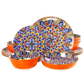 LIUYWYHCF Mandala Dinnerware Sets, Plates and Bowls Set, Porcelain Dishes (16 Pieces) Service for 4, Zanzibar, Bohemian Style Dining Ware, for Kitchen and Dining Multicolor Dinnerware Set, Orange