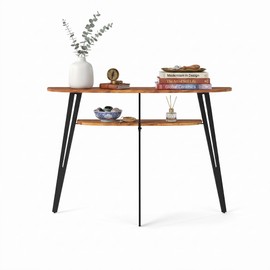 Half Moon Table for Entryway, Narrow Console Table with Shelf Walnut