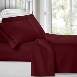 Clara Clark Premier 1800 Series 4 Piece Sheet Set Deep Pocket Brushed Microfiber, Wrinkle, Fade & Stain Resistant, Queen Size, Burgundy Red