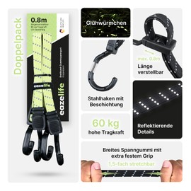 Set of 2 Rubber Tension Straps, Adjustable, Wide Band Expander with Metal Hooks, Strong Resilient for Car, Bicycle and Outdoor Activities (10 Colours, 3 Lengths) (Firefly, 80 cm)