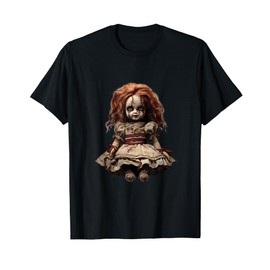 Creepy Vintage Doll with Cracked Face and Gothic Style Art T-Shirt
