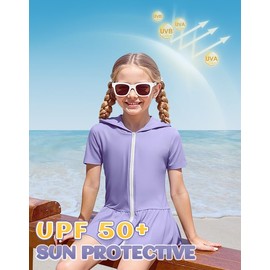 Girls Sun Protective Swim Cover Up Hooded with Full-Length Zipper Short Sleeve UPF 50+ Beach Dress Coverup
