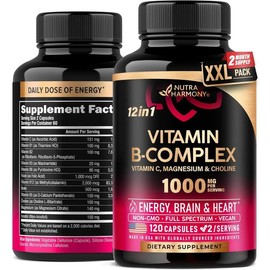 NUTRAHARMONY Vitamin B Complex Capsules - 11-in-1 B-Complex: B1, B2, B3, B5, B6, B7, B8, B9, B12 with Vitamin C, Choline, Inositol - Made in USA - Vegan, Non-GMO - Size: 120 Capsules