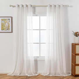 MYSKY HOME Curtains with Eyelets, Boho Curtains, Semi-Transparent Curtain, Linen Look, Pleat, Voile Eyelet Curtain, Decorative Curtain for Living Room, Bedroom, 245 x 140 cm (HxW), Beige, Pack of 2