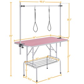 Topeakmart 45-inch Foldable Dog Grooming Table with Adjustable Arm, Clamps, Two Grooming Noose Maximum Capacity Up to 265Lb, Pink