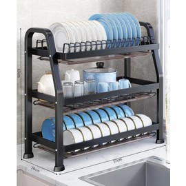 Generic LMingKun Over The Sink Dish Drying Rack,Dish Rack, Dish Dryer Rack, Dish Drain, Black Dish Drying Rack,Snap-On Design 2-3 Tier Small Dish Rack Stainless Steel (20.9''X10.2''X24.8'')