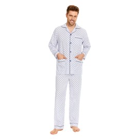 GLOBAL Mens Pajamas Set, 100% Cotton Woven Drawstring Sleepwear Set with Top and Pants/Bottoms