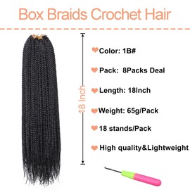 Mscat 8 Packs 18 Inch Box Braids Crochet Hair Pre-looped Knotless Medium 3X Braids 144 Strands Boho Braids Hair Extensions Long Box Braids Black Synthetic Crochet Hair for Women (1B#)
