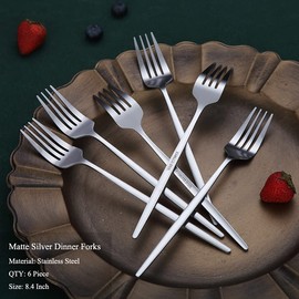 Matt Dinner Forks 6 Piece, Stainless Steel Forks Silverware Set, Dessert Forks, Table Forks, Salad Forks for Home, Kitchen or Restaurant, Dishwasher Safe (Matt Silver-8.4 Inch)