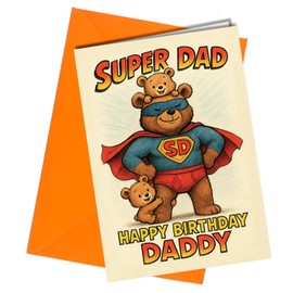 Oscar Finks Super Dad Birthday Card for Daddy with Envelope, 3 Children Design Options, A5 Size, Blank Inside (2 Children #1904)