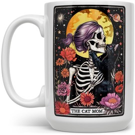 The Cat Mom Skeleton Tarot Card Mug, Fun Gothic Witchy Mystical Cat Lover Cup, Cat Mom Gifts (15oz)