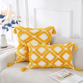 PANOD Super Soft Farmhouse Decorative Plush Throw Pillow Covers 24 x 24 Yellow,Solid Diamond Pattern Tufted with Tassels Modern Accent Boho Square Cushion Cover Pillow Case for Couch Sofa