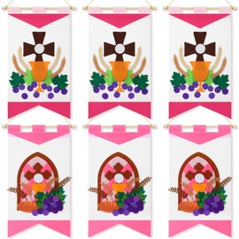 Smoothnovelty 6 Sets First Communion Banner Kit for Girls, 9 x 12 Inch Felt 1st Holy Communion Banner DIY Gate Cross Grape Craft Catholic Christian Church Sunday School Pew Decoration