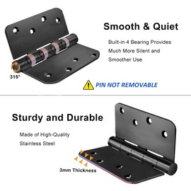 VOLUKA 3 Pack 4'' Stainless Steel Ball Bearing Door Hinges, 4in x 4in Heavy-Duty Door Hinges with 5/8 inch Radius Corner for Exterior & Interior Doors (Black)