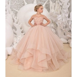 Chyrbaby Girls Pageant Dress-Applique Flower Girl Dresses First Communion Dress for Girls Peach Pink, 8