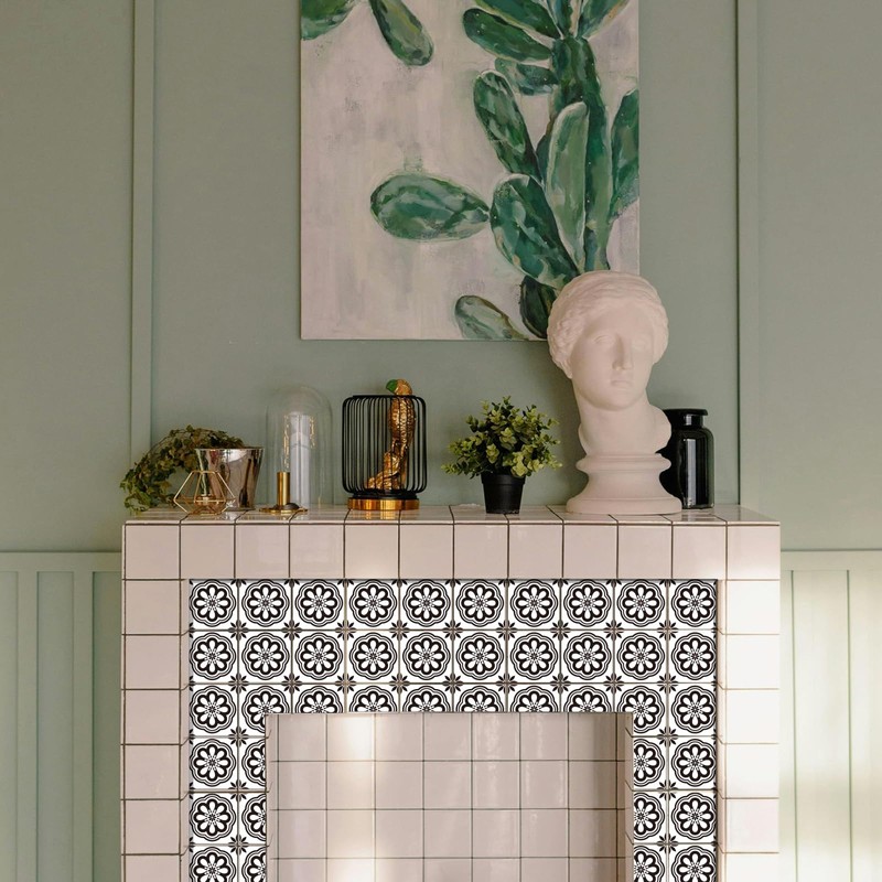 CHGCRAFT 36pc Black Floral Pattern Tile Stickers Waterproof Tile Stickers