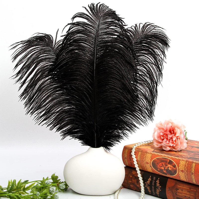 THARAHT Black Ostrich Feathers 12pcs Large Natural Bulk 16-18Inch 40cm-45cm