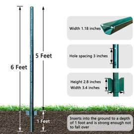 Thealyn Fence Posts 6 Feet, Pack of 10, Metal Fence Poles U Post Sturdy Duty Fence Stakes Step in Post No Dig Fence Post for Garden Wire Fence Steel Sign Post (Fits to 5-ft Fence Mesh)