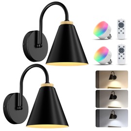NIORSUN Battery Operated Wall Sconce Set of 2,3 Color Rechargeable Wall Lights with Remote Control, Dimmable Cordless Wall Sconce,RGB Wall Lamps for Bedroom Living Bathroom Light Fixtures(Black)