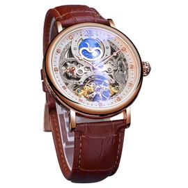 FAMVNTN Men Skeleton Watches Automatic Mechanical Wrist Watches Moon Phrase tourbillon Luminous self-Wind Watch Brown