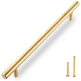 QOGRISUN 2-Pack Solid Brass Cabinet Pulls, Gold Long Drawer Handles, 10 Inch Hole Center for Large Kitchen Cabinets, Cupboard, Dresser, Wardrobe Closet Door, Brushed Brass Finish