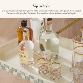 MACKENZIE-CHILDS Tumbler Glasses, Elegant Glass Cups, Glass Drinkware with Gold Rims, 8 Ounces, Set of 2, Gray-and-White Sterling Check