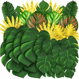 QUOZUO - Decoraciones de fiesta de selva, 50 piezas de 8 tipos de hojas de palma, monstera tropical artificial, hoja de selva con tallo para decoración de mesa de fiesta hawaiana Luau, boda